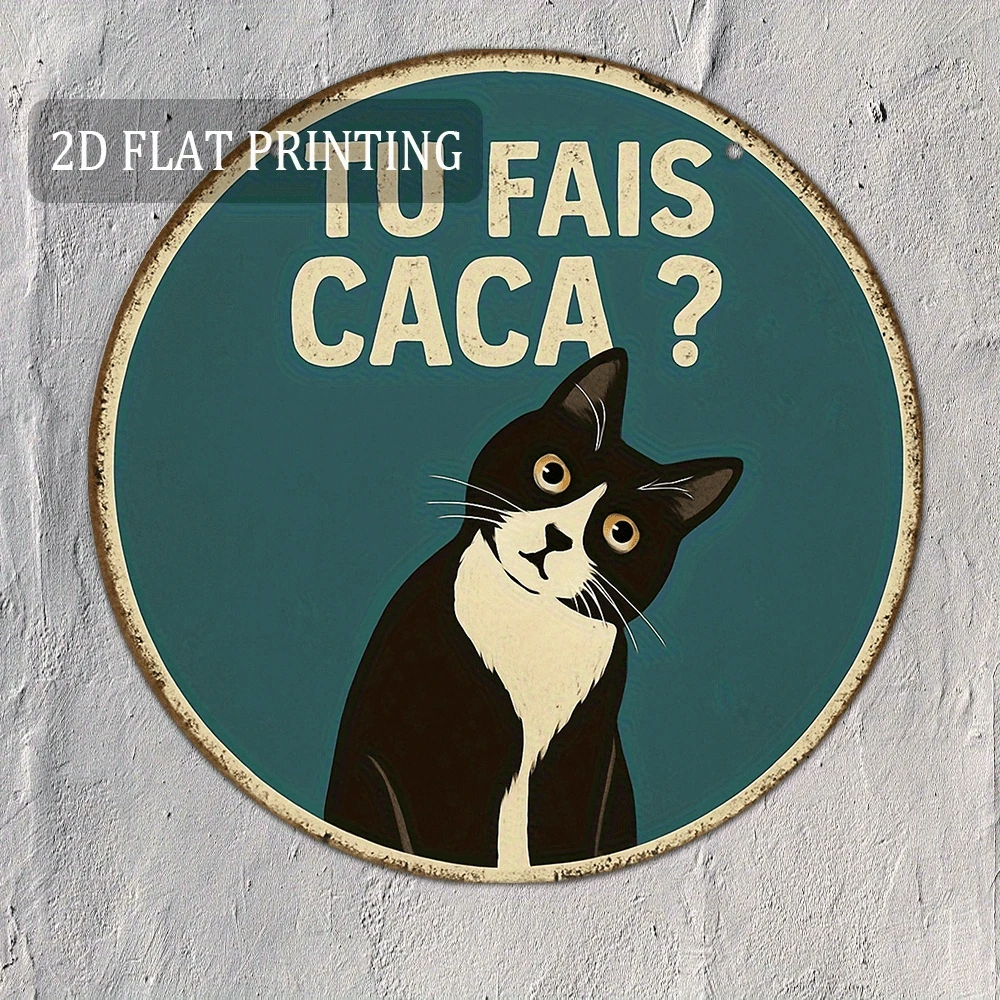 2D平面,8.0英寸圆形铁艺墙饰 - 趣味猫咪标语“Vous Faites Caca?”(你拉屎吗?),适用于客厅、办公室、厨房,幽默墙面艺术,猫咪爱好者礼物,独特家居装饰,猫咪墙画,办公室装饰,2D平面,预钻孔,款式如图所示 - 多色 - 查看 1