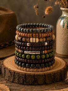 Set de 11 piezas de pulseras con cuentas de madera y cáscara de coco de estilo bohemio, adecuado para el uso diario de los hombres - Multicolor - Ver 2