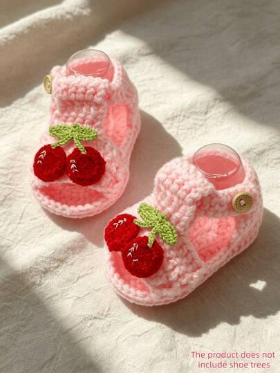 1 Pair Handmade Crochet Infant Sandals, White With Red Cherry Decor, Soft Knitted Booties
