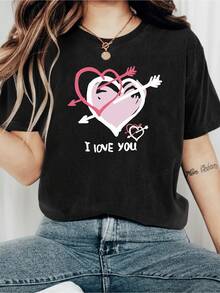 Camiseta Wo para el Día de San Valentín - Camiseta Gráfica de Corazón Rosa "I Love You", Top Ligero, Transpirable y de uste Hoado, Adecu para Regalos, Citas, Anrsarios, Atuendo Casual, Camisa Casual de Color Sólido (Lavable a Máquina) - Negro - Ver 2