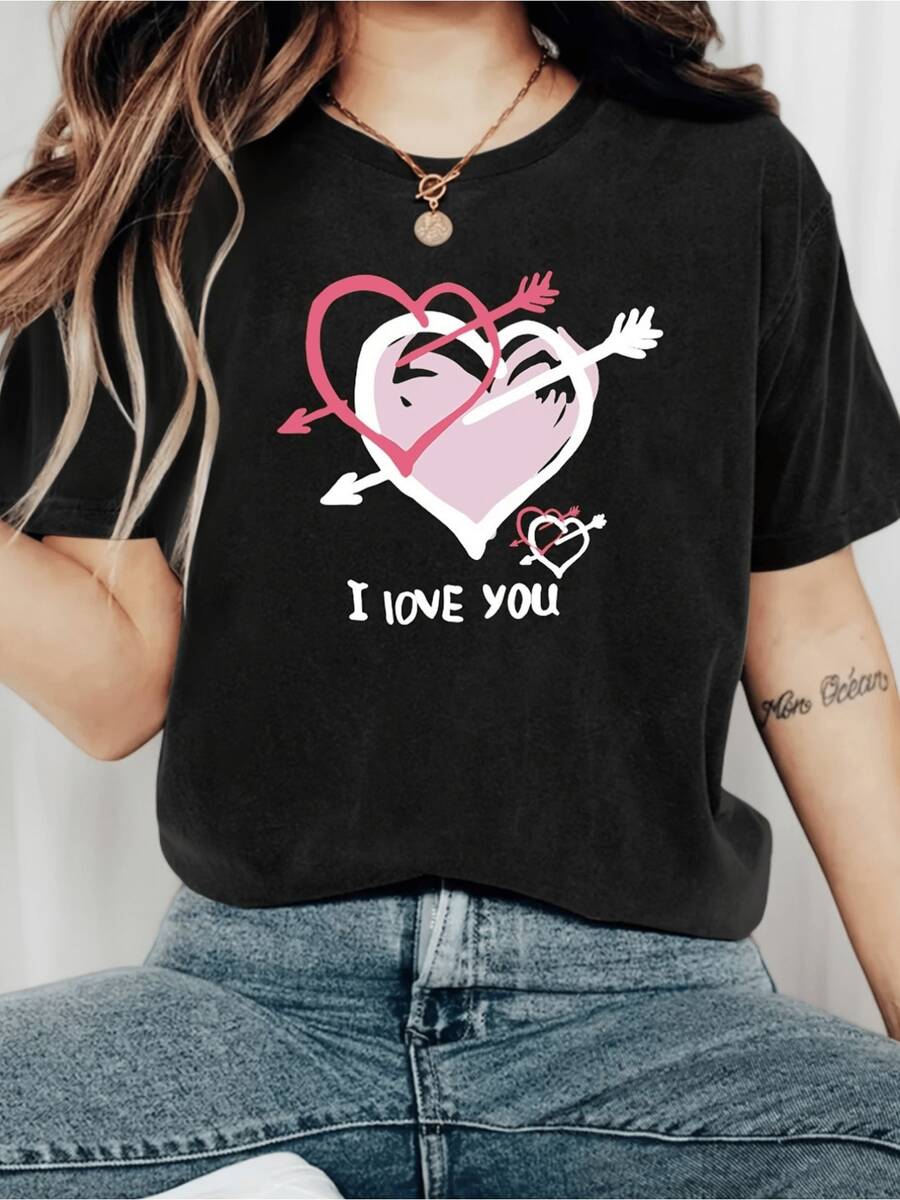 Camiseta Wo para el Día de San Valentín - Camiseta Gráfica de Corazón Rosa "I Love You", Top Ligero, Transpirable y de uste Hoado, Adecu para Regalos, Citas, Anrsarios, Atuendo Casual, Camisa Casual de Color Sólido (Lavable a Máquina)
