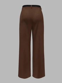 Women's Elegant High-Waisted Wide-Leg Pants With Pleated Details, Coffee Color, Essential For Commuting And Everyday Wear (With Belt) Spring - Coffee Brown - View 3