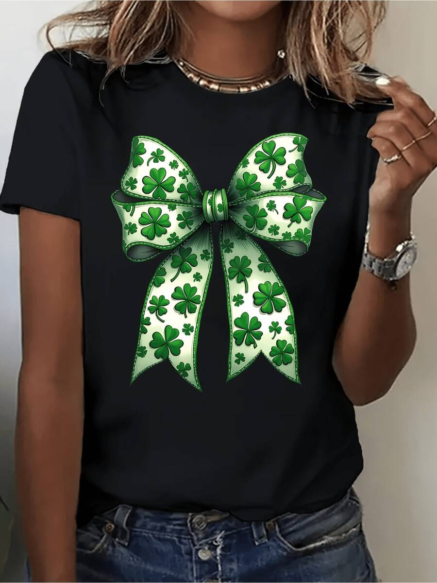 T-Shirt - Short Sleeve, Slim Fit, Casual T-Shirt With Large Green Bow Graphic Design - Stylish Front Graphic With White And Green Clover Patterns, Perfect For Casual Wear - 黑色 - 查看 1