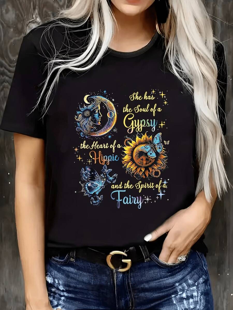Colorful Graphic T-Shirt For Women - Featuring A Crescent Moon With A Woman's Face, A Smiling Sun And Hands, Inspirational Text 'She Has The Soul Of A ', 'the Heart Of A Hippie', Urban Fashion, Casual T-Shirts From Uste Hoado (For Uste Hoado, Please Refer To The Size Chart) - 黑色 - 查看 1