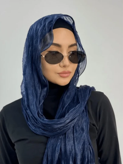 1pc Women's Chiffon Crinkle Hijab Scarf, Super Stretchy Wavy Texture Long Scarf, Solid Color Casual Polyester Scarf