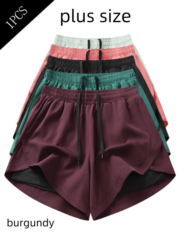 1pc Plus Size Women's Sports Shorts | Quick-Dry Polyester & Spandex Blend | Breathable, Lightweight | Adjustable Drawstring Waistband | Suitable For Fitness And Casual Wear | Machine Washable | Comfortable, Active Lifestyle Apparel | Functional Designed Shorts | Adjustable Comfortable Shorts