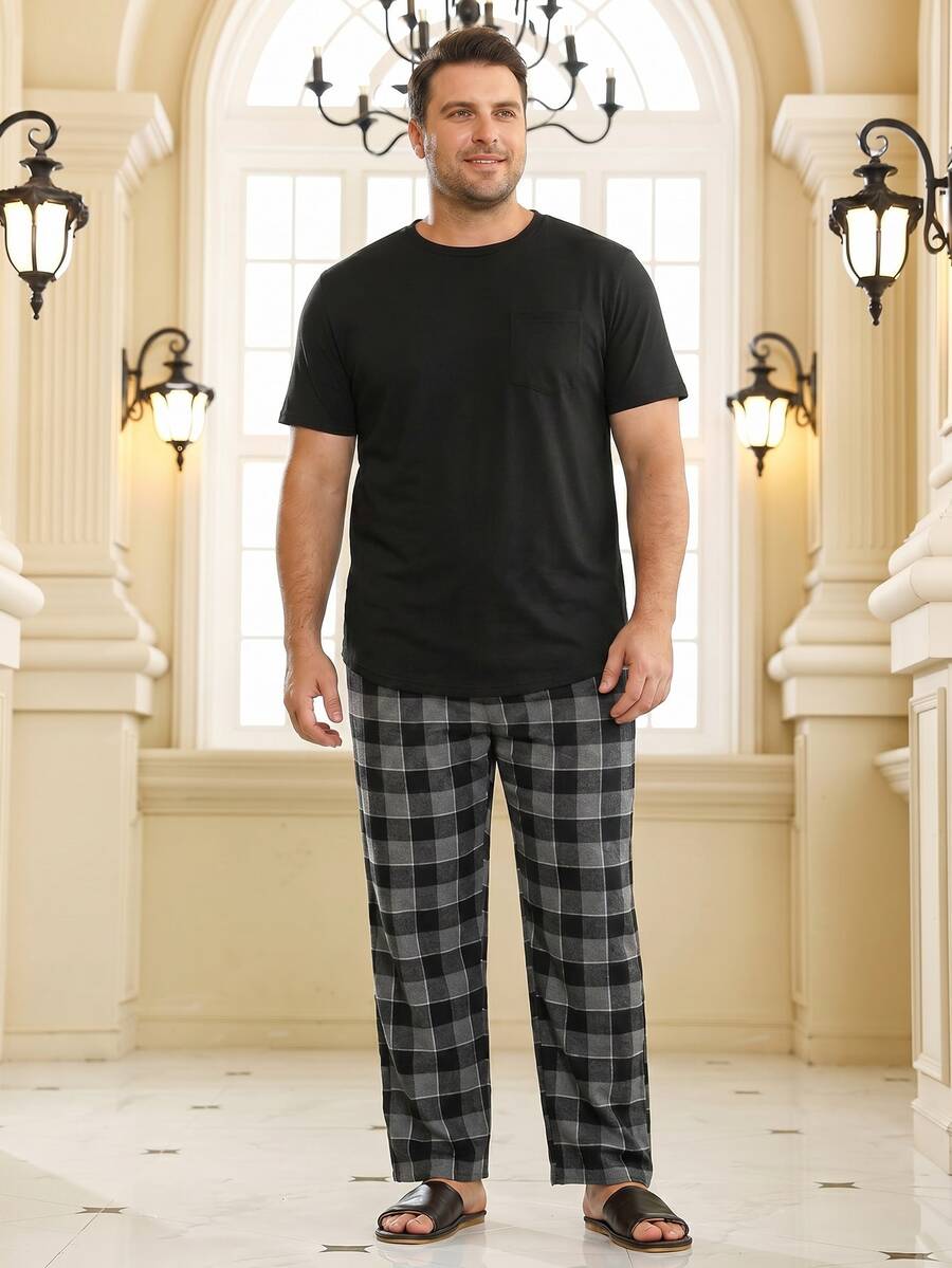 Men's Plus Size Pajama Set, Solid Color Short Sleeve T-Shirt + Black Plaid Long Pants, Fun Design, Suitable For Home Leisure - Black - View 1