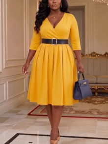 Women's Elegant Casual Vacation Elegant Party Date Office Commute Short Puff Sleeve Floral Decor Ruched Hem Split Midi Dress, Spring/Summer - Yellow - View 1