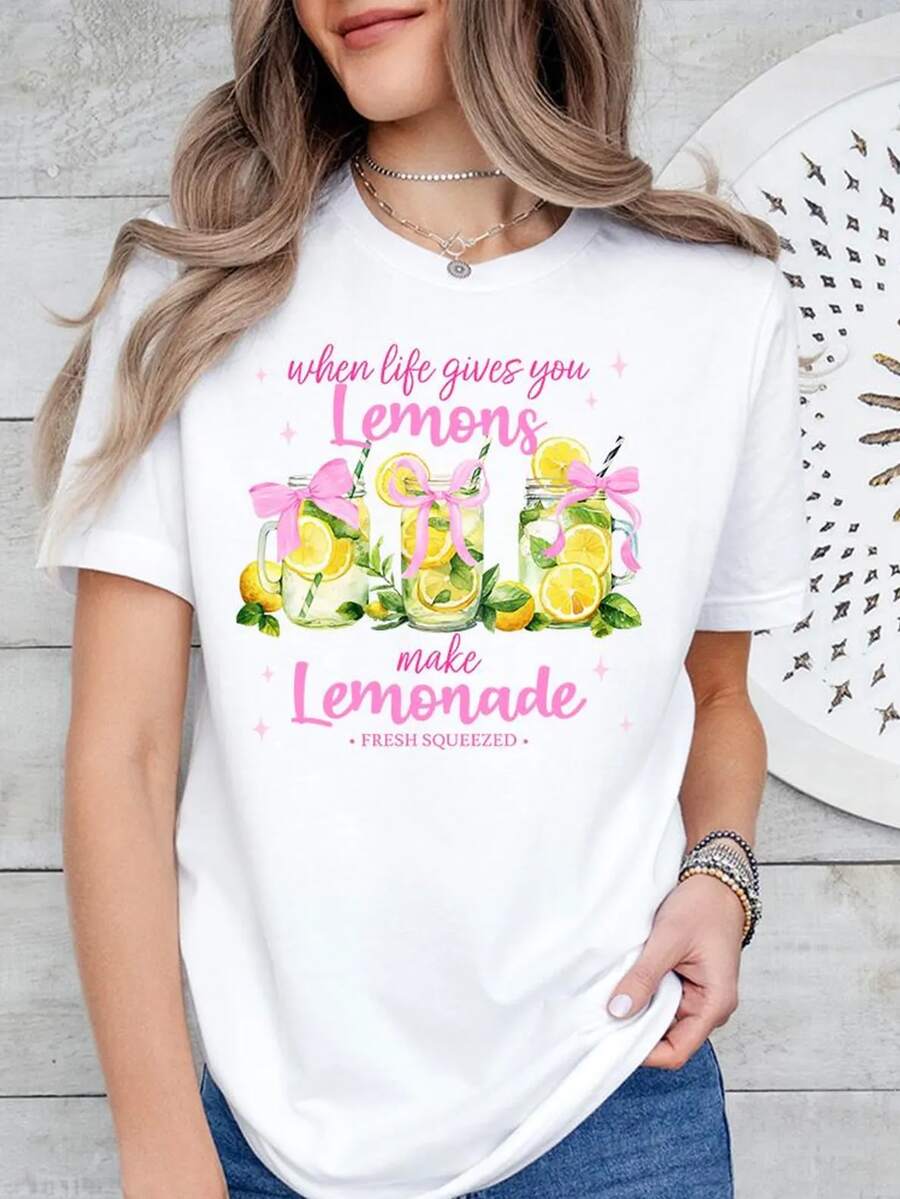 Oversized T-Shirt With Lemonade Design And Pink Bows - Soft And Cool, For Beach, Vacation And Everyday Wear - 白色 - 查看 1