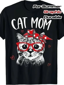 Camiseta de manga cortara mujer con gráfico de "Cute Cat Mom", ropa de verano casual de uso diario, top femenino con estampados de gato atigrado con gafas, lazo de lunares y corazones, moda urbana casual de uste hoado (para uste hoado, consulte la tabla de tallas) - Negro - Ver 2