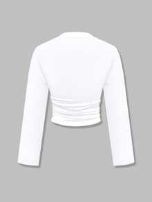 New Arrival Elegant Solid Color Ruched/Pleated Long Sleeve T-Shirt, Suitable For Daily, Office, Travel, All Seasons White Casual - White - View 7
