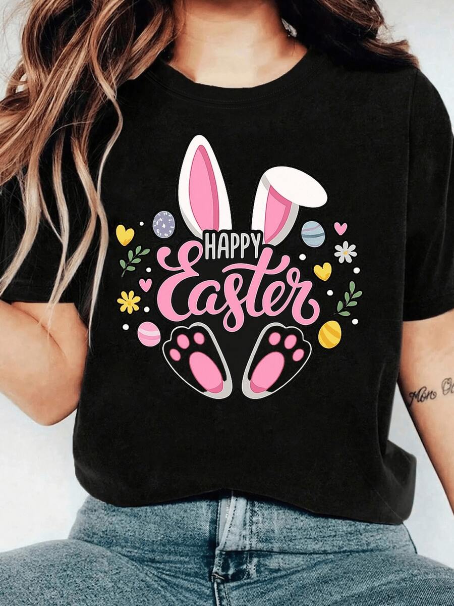 Wishing You A Happy Day! This Casual Short-Sleeved Women's T-Shirt, Made Of [Material], Is Perfect For Sisters And Essential For Outdoor Adventures And Spring And Summer Outings. - 黑色 - 查看 1