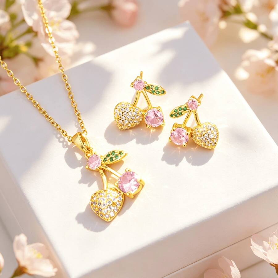 1 Set de Collar con Colgante de Cereza y Aretes de Acero Inoxidable, Diseño Elegante y Versátil de Lujo, Adecuado para la Vida Diaria, Fiestas, Festivales, Cumpleaños, Pascua, Vacaciones en la Playa, Graduación, Festivales de Música, Regalo - Estilo cereza: talla única - Ver 1