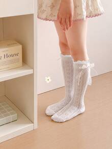 3 Pairs Girls White Lace Bow Knee High Socks, Breathable Mesh Ruffle Princess Socks Suitable For Girls' Daily Wear And Parties - Multicolor - View 2