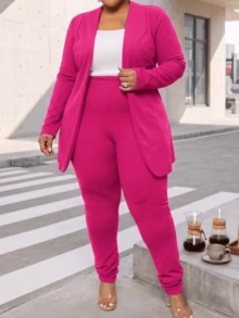 CALEBGAR Conjunto elegante de pantalón liso para mujer de talla grande: blazer de manga larga con frente abierto y pantalón con cintura elástica. - Rosa Fucsia - Ver 2