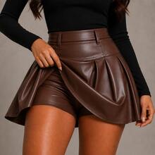 Women's Stylish High-Waisted Pleated Faux Leather Shorts Skirt - Elegant Winter Fashion - Blogger Style - Casual Chic - International Fashion - Rỉ Nâu - Xem 2