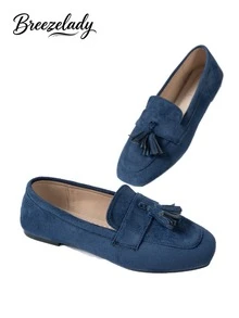 Breezelady Ladies' Elegant Square Flat-Toed Green Suede Tassels And Floral Pendant Loafers Are Suitable For Spring, Summer, Autumn And Winter - Blue - View 7