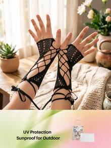 OBOVAY Tay áo ren đan chéo phong cách Y2K - Găng tay lưới xuyên thấu gợi cảm kiểu vintage - Phụ kiện cosplay phong cách JK thiên niên kỷ - Phong cách đường phố ngọt ngào cho mùa hè (toàn cầu), phù hợp với đồng phục/Lolita/Cosplay/trang phục hầu gái/váy. - trắng - Xem 4