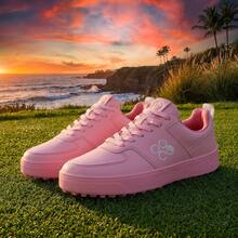 Women's Golf Shoes, Breathable White Sneakers, Couples Style, Lace-Up, Anti-Slip Spikes, Outdoor Sports Shoes - Pink - View 3