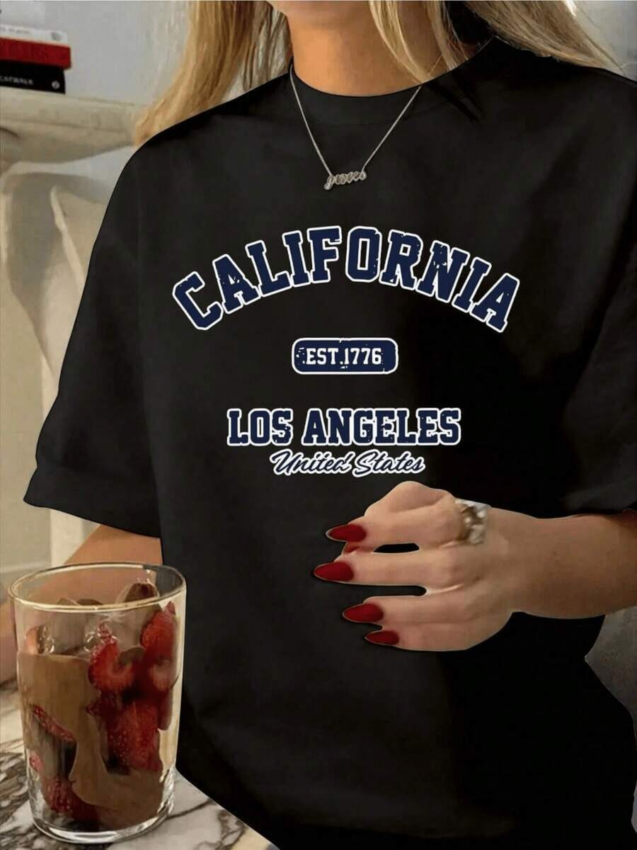 Words That Inspire Freedom And Californian Sunshine, Evoking The Youthful Energy And Relaxed Spirit Of Los Angeles In A Comfortable, Casual, Everyday Women's T-Shirt Design. - 黑色 - 查看 1