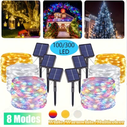 1 cuộn đèn dây LED năng lượng mặt trời dài 16,4ft/32,8ft/65,6ft với 50/100/200 bóng, dùng để trang trí sân vườn ngoài trời, trang trí cây cối, 8 chế độ đèn dây đồng năng lượng mặt trời, đèn trang trí tiệc cưới, ngày lễ, ánh sáng trắng ấm, trắng, nhiều màu sắc, trang trí phòng ngủ, trang trí nhà cửa, trang trí lều cắm trại.