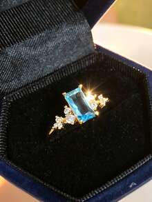 1pc S925 Sterling Silver Inlaid Synthetic Zirconia Teal Geometric Square Ring, Elegant Quality Jewelry For Women's Daily And Party Wear - Yellow Gold - View 6