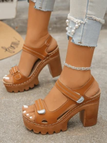 Women's Plus Size High-Heel Sandals, 2026 Summer New Arrival Platform Sandals, Single Strap Sandals, Elegant Style Ladies Sandals - 棕色 - 查看 4