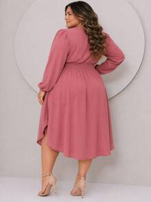 Women's Plus Size Dress With Wrap Neckline, Long Sleeves, Side Slit, Loose Fit, For Parties - Rusty Rose - View 4