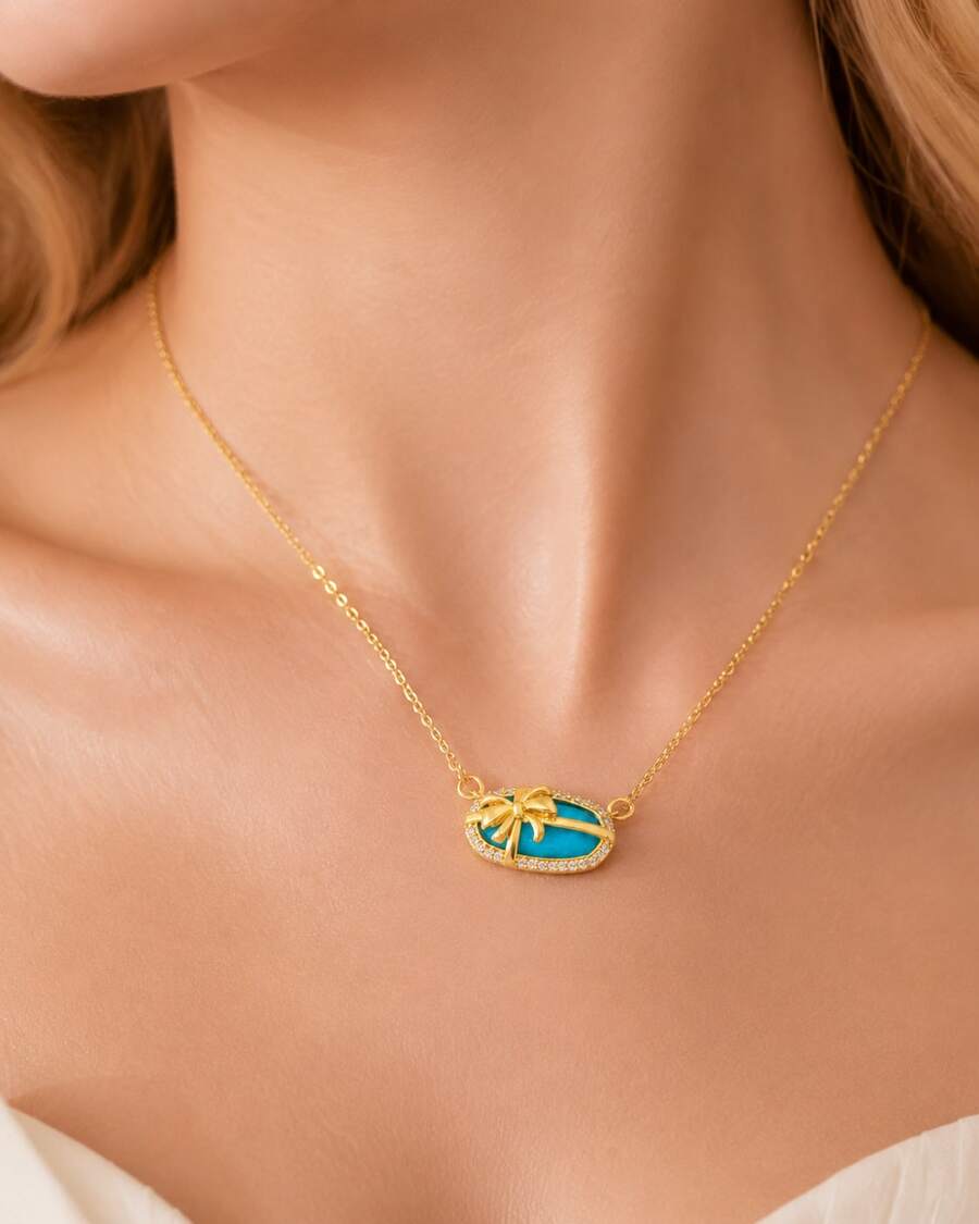 Gold Bow Pendant Necklace With Colorful Gemstone & Sparkling Crystals – Adjustable Women's Jewelry Gift - màu xanh lá - Xem 1
