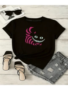 Camiseta de Mujer con Rayas Rosadas y Diseño de Ojos Azules - Blusa Casual de Manga Corta y Cuello Redondo, Corte Relajado en H, Lavable a Máquina, Ropa Casual de Primavera Verano y Regalo para las Fiestas, Cómoda para Todas las Estaciones - Negro - Ver 1