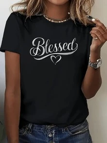 Camisetara mujer con corazón bendecido en letra cursiva - Top de uste cómodo uave, manga corta, cuello redondo y corte hoado, elasticidad media, lavable a máquina, adecu para ropa de ca casual y atuendo casual - Estilo blusa versátil (No) - Negro - Ver 2