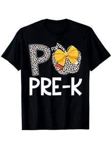 1 pieza de camiseta con estampado de la letra P, diseño de leopardo y manzana, temática de regreso a clases para maestros de preescolar, cuello redondo, manga corta, color negro, 100% algodón, unisex, 180g. - Negro - Ver 8