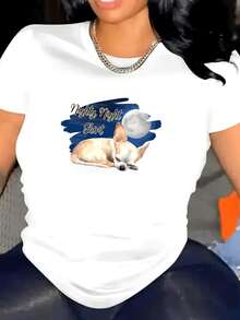 Women's Plus Size Y2K Style Chihuahua Print Pajama Top - Short Sleeve Dog Print Tee With "Goodnight" Text And Star Pattern, Unisex, Comfortable For All Seasons, Machine Washable, Birthday Gift For Pet Lovers. Women's Summer Graphic Tees, Casual Printed Tee, Short Sleeve Crew Neck, Spring/Summer Local Streetwear Fashion. - 白色 - 查看 1