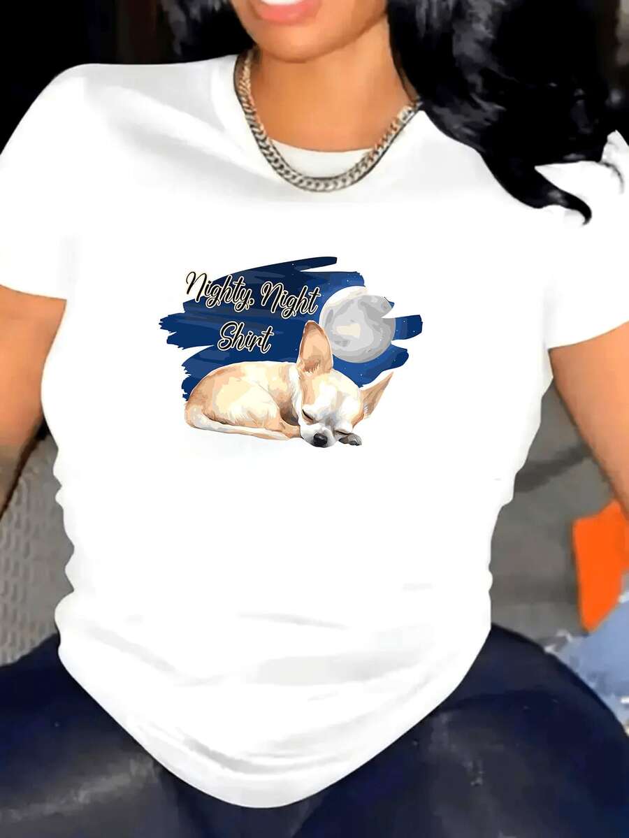 Women's Plus Size Y2K Style Chihuahua Print Pajama Top - Short Sleeve Dog Print Tee With "Goodnight" Text And Star Pattern, Unisex, Comfortable For All Seasons, Machine Washable, Birthday Gift For Pet Lovers. Women's Summer Graphic Tees, Casual Printed Tee, Short Sleeve Crew Neck, Spring/Summer Local Streetwear Fashion. - 白色 - 查看 1