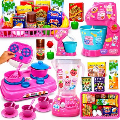 SPI Kit 44 Peças Cozinha Infantil Com Liquidificador Batedeira Adesivos Personalizáveis Xícaras E Acessórios