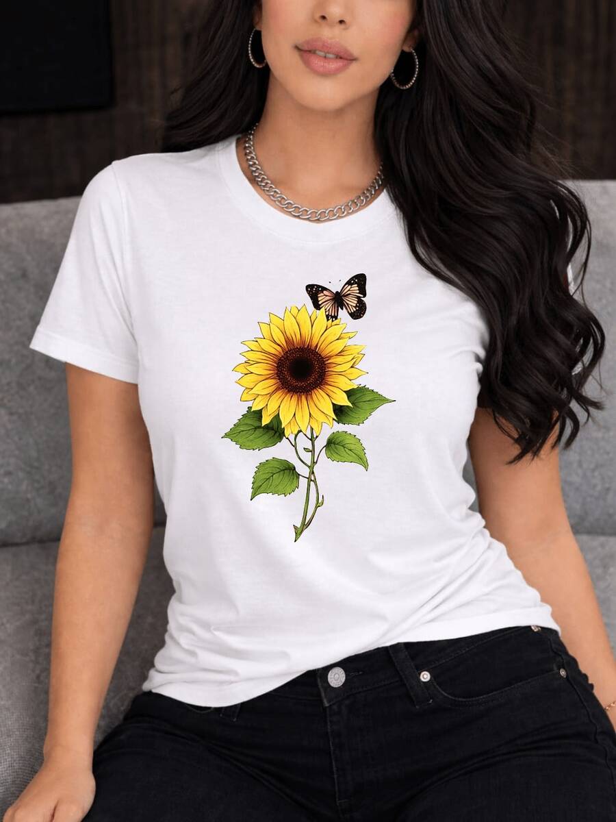 Playera Casual Mujer Estampado Girasol Realista Mariposa Manga Corta Cuello Redondo Estilo Vintage Naturaleza Primavera Verano - Blanco - Ver 1