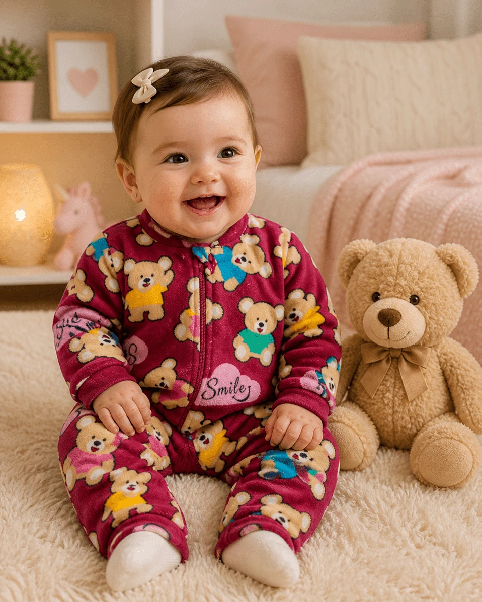 Children's Fleece Jumpsuit With Bear Print And Front Zipper Opening - 勃根地 - 查看 1