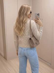 Women's Mousse Coat With Buttons, Ribbed Knit, Elegant, Long Sleeve, Basic Blouse For Cold Winter - Papiro beige - Ver 5