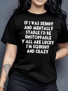 Camiseta Casual de Mujer con Eslóganes - Cómoda Camiseta de Manga Corta con Cuello Redondo con Estampados en Am Lados, Corte Hoado en H para Ropa Casual y Looks de Festival, Camiseta Básicara Mujer_1, Camiseta Lisa Fácil para Uso Diario (Corte Hoado - Negro - Ver 2