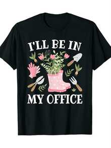 I'LL BE IN MY OFFICE Women's Black T-Shirt - Short Sleeve Casual Graphic Tee - Garden Themed Design Including Ross Rain Boots, Gardening Gloves, Spoon, Fork Tool, Green Leaves And - 黑色 - 查看 1
