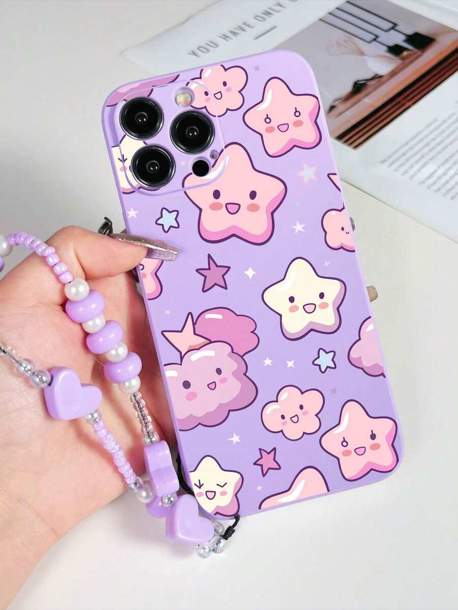 1 pieza Funda de teléfono a prueba de golpes con patrón de estrella de TPU morado y 1 pieza Cordón con corazón morado, compatible con teléfonos Apple/Android - Multicolor - Ver 1
