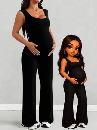 Pregnant Women's Solid Color High Elasticity Casual Everyday Jumpsuit Pants Black Summer