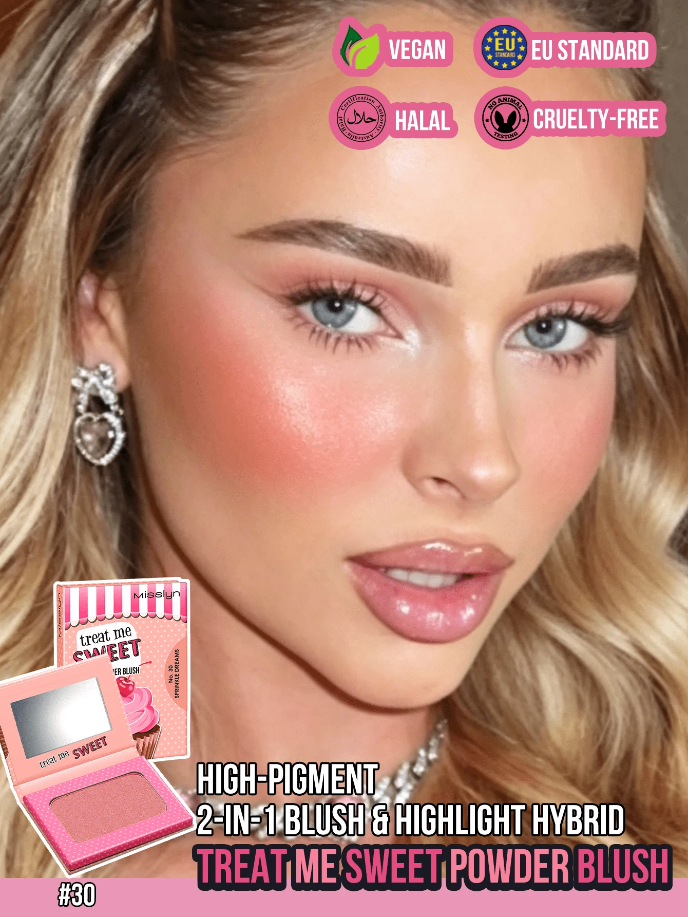 Rubor en polvo Misslyn TREAT ME SWEET VELVET, brillo natural mate, pigmento de larga duración, ligero, suave, difuminable, rubor en polvo natural, vegano, libre de crueldad - #30 - Ver 1