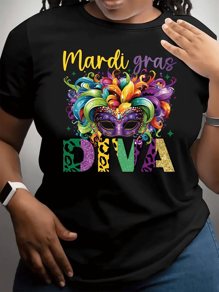 Camisetara mujer con estampado de máscara de  Gras y carnaval - Cuello redondo casual, manga corta, prenda superior de  para toda tempor, camisetas para dama, cuatro estaciones, cuello redondo, camiseta minimalista de uste hoado, tela transpirable, ligera uave (para uste