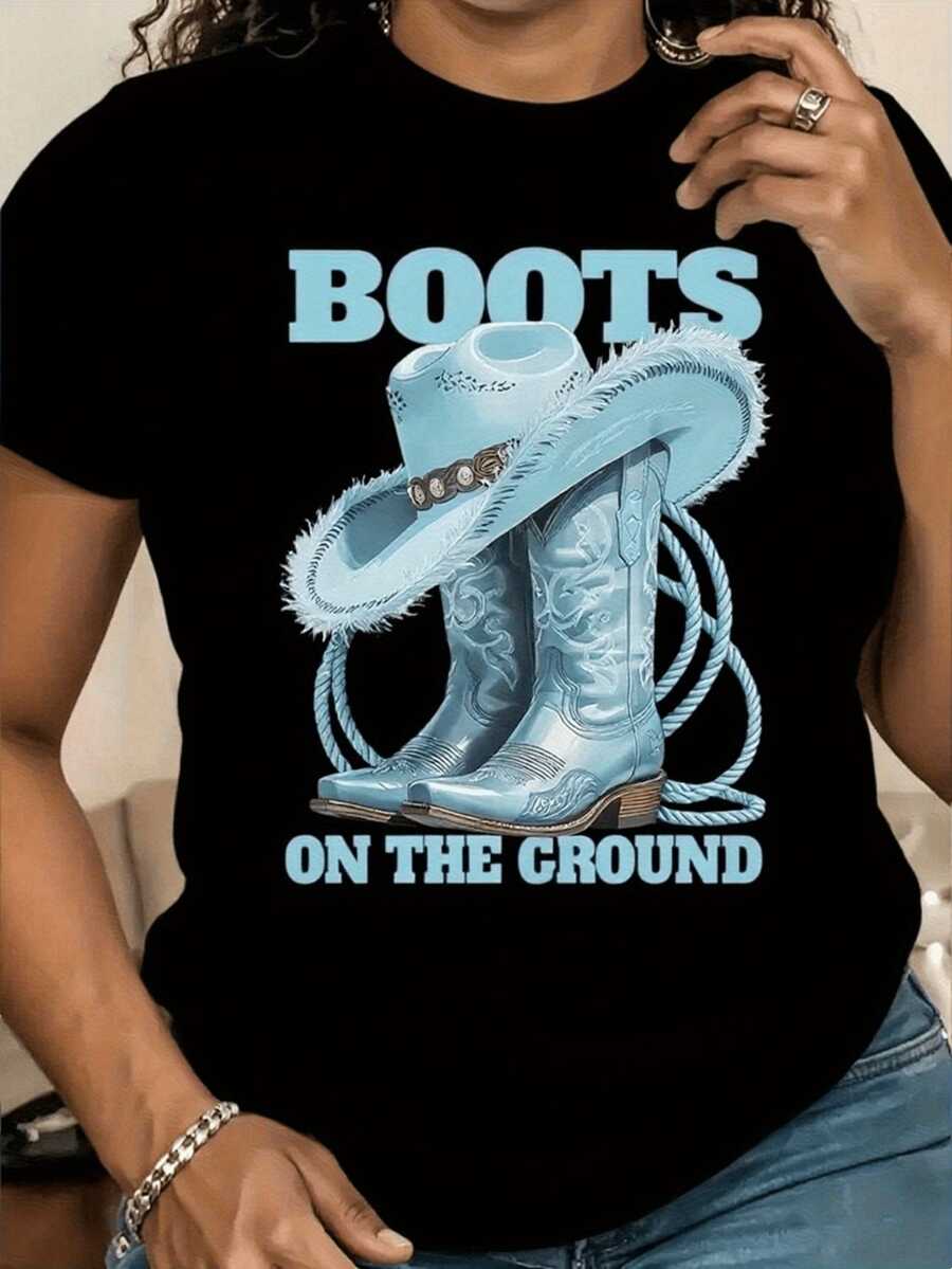 Camiseta gráfica de vaquera ombrero western para mujer - Estampado de botas en el suelo, camiseta casual de manga corta y cuello redondo, suave y transpirable, i para fiestas de verano y atuendo casual, perfectara salir a festivales de música country