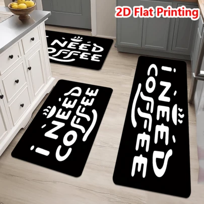 1/2/3Pcs I NEED COFFEE Pattern Flannel Kitchen Rugs, Non Slip Door Floor Mat Carpet For Cafe Hallway Entryway Bedroom Laundry Bathroom, Home Decor, Easy To Clean