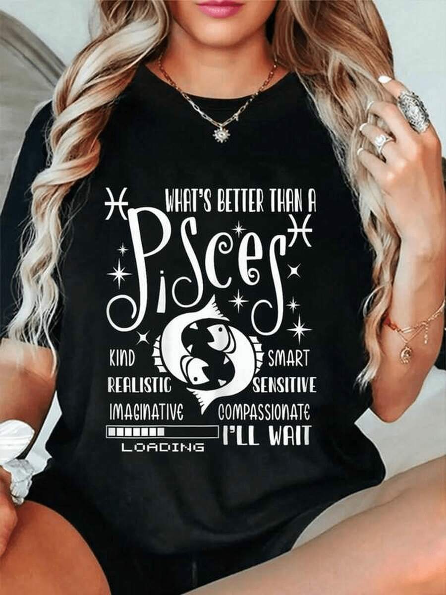 Camiseta de mujer del zodiaco Piscis - Camiseta gráfica casual de manga corta y uste entallado para mujer - Camiseta negra única con impresionante diseño gráfico blanco con texto 'What's Better Than isces' y rasgos L, atuendo casual, camiseta simple de color liso (uste hoado, consulte la