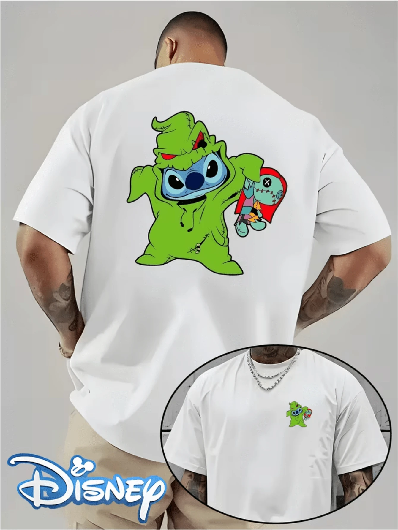 (Disney Licensed T Shirts)Disney Lilo & Stitch Stitch Oogie Boogie1 Costume Graphic Tee Men's Oversized Crew Neck Short Sleeve T-Shirt, Casual Streetwear With Stitch Dressed As Oogie Boogie1 Holding Sally Doll Print, Nightmare Before Christmas Crossover Loose Fit Tee, Mens Clothes, Men, Ropa De Hombre, Summer Clothes, Men Shirts, Graphic Tees, Disney Outfits Men, Graphic Tees, Camisetas Para Hombre, Camisas Para Hombre, Summer Outfits For Men, Father's Day Gift, Perfect Gift For Family And Friends, Which Are Necessary For Birthday Parties, Disney Shirts, Mens Clothes, Summer Clothes, Officially Licensed Disney T-Shirts, Disney Men's And Women's Spring/Summer Fashion Casual Short-Sleeve T-Shirts, Disney Top - 白色 - 查看 1