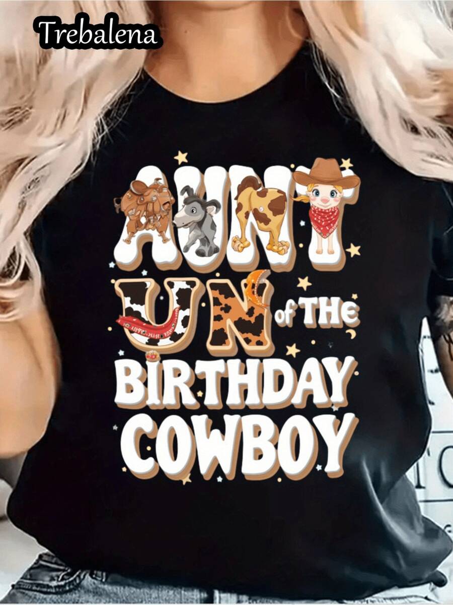 Wo Camiseta gráfica occidental – Tía deaquero de cumpleaños Camisa negra de manga corta con diseño de vaca y caballo Top casual de fiestara el Día de la Madre, el Día de los Caídos, Juneteenth, Material transpirable, Festi