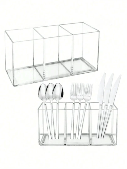 1pc Cutlery Storage Box With 3 Compartments, Transparent Organizer Box For Makeup Brushes, Desktop Accessories, Forks, Spoons And Knives, Suitable For Party, Kitchen Counter Storage, Back To School Supplies